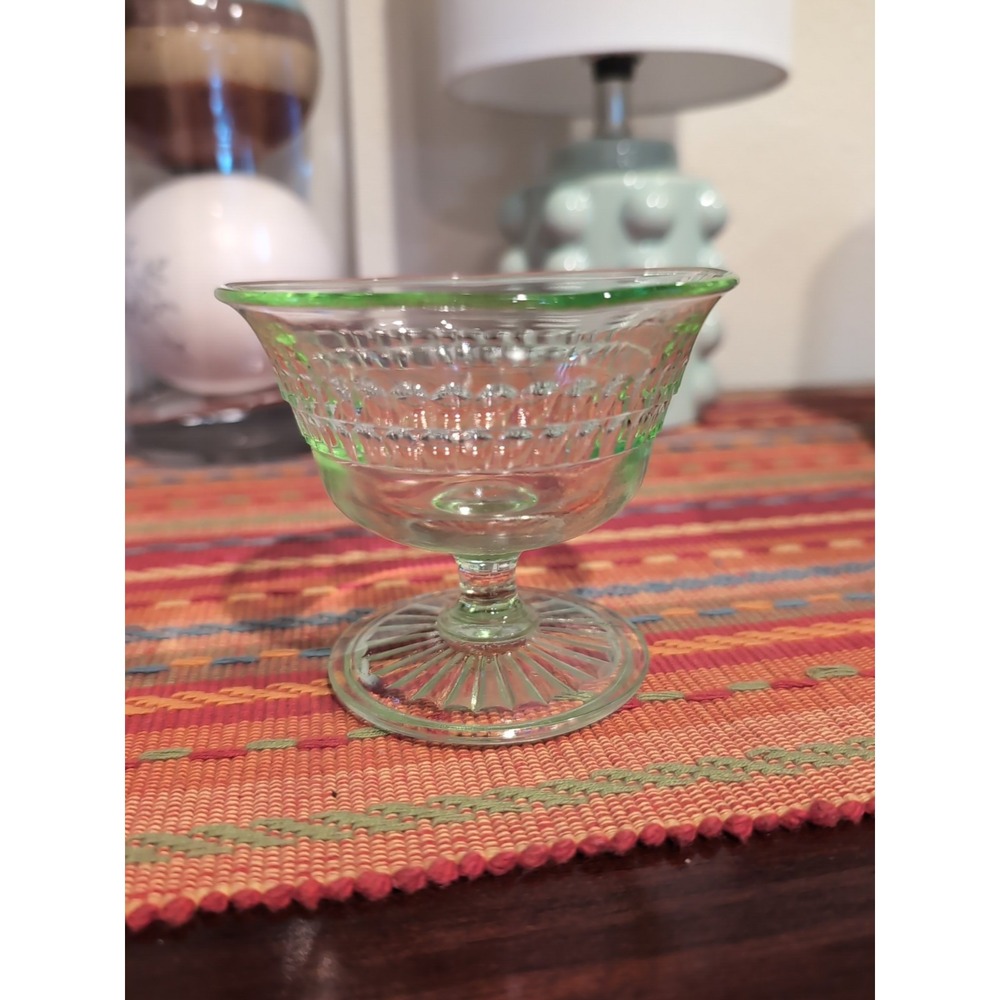 Vintage Uranium Glass Dessert Sherbet Bowls Set 6 Green Ribbed UV Glow